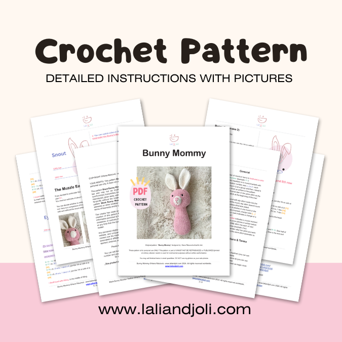 Mockup for crochet pattern Bunny Mommy with seven pages