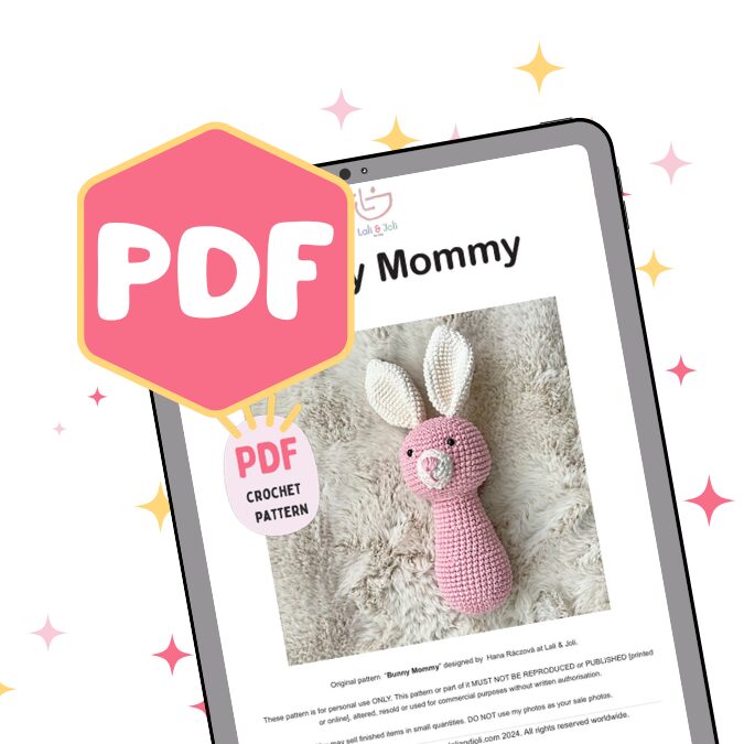 Picture shows an Ipad mockup ith a main pattern page from the Bunny Mommy Pattern. Above it is a batch saying: PDF