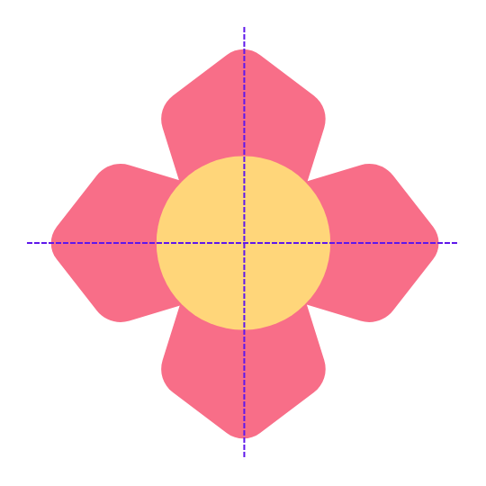 Tiny Flower Scheme from above the flower. Bright yellow head and four rose petals