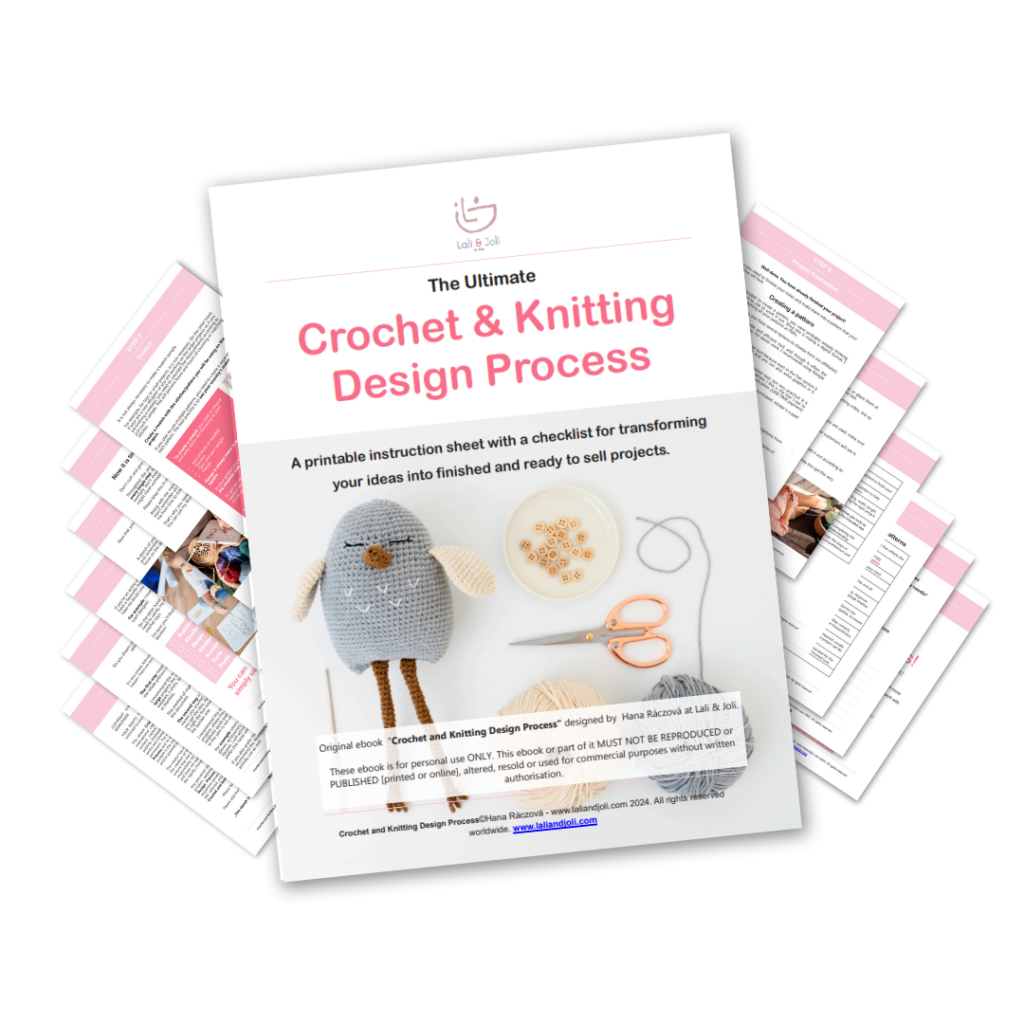 Mockup for Crochet and Knitting Design Process Ebook showing 13 pages. On the first page is title and a crochet bird toy