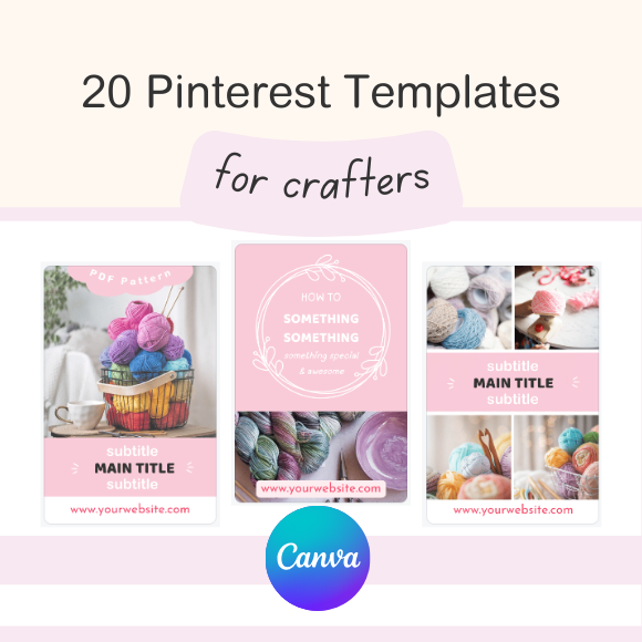 Mockup for 20 Pinterest templates for crafters - crochet and knitt