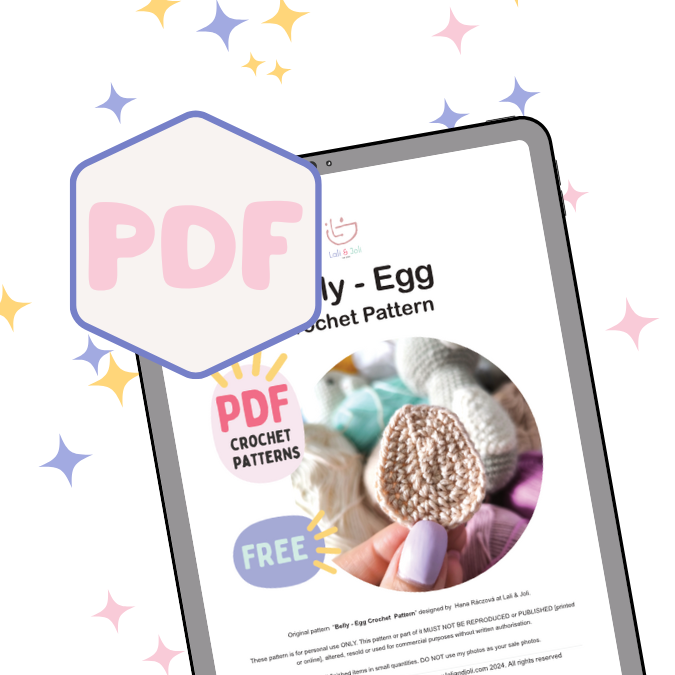 PDF bunner with a Belly  Crochet Pattern or Egg Crochet Pattern shown on Ipad with big badge saying PDF