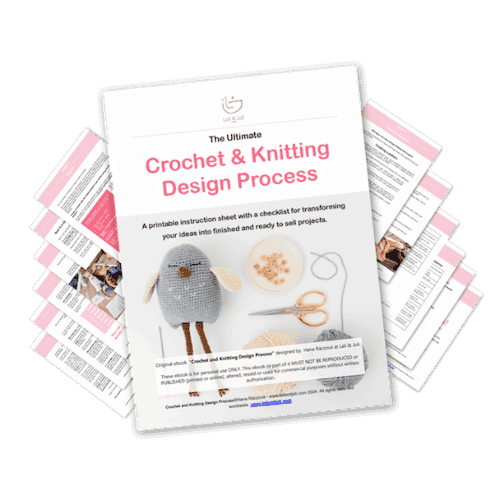 Mockup for Crochet and Knitting Design Process Ebook showing 13 pages. On the first page is title and a crochet bird toy